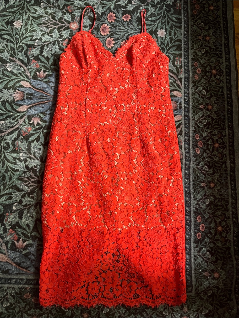 Bardot Red Lace Midi Dress with Spaghetti Straps